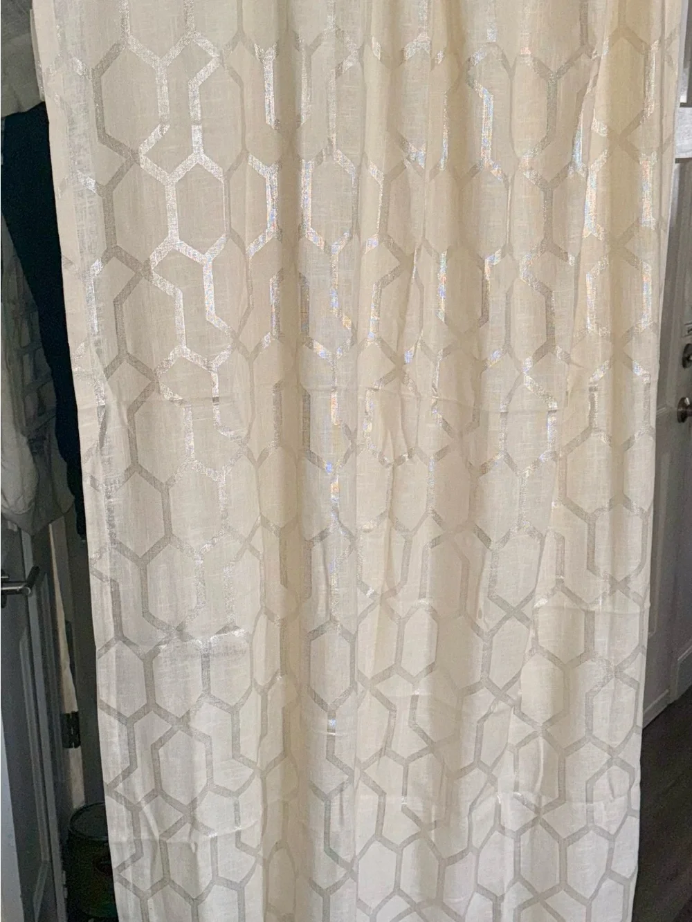 Washed linen embossed silver Geometric print soft whte